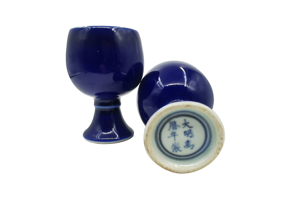 霁蓝釉高足杯壹對