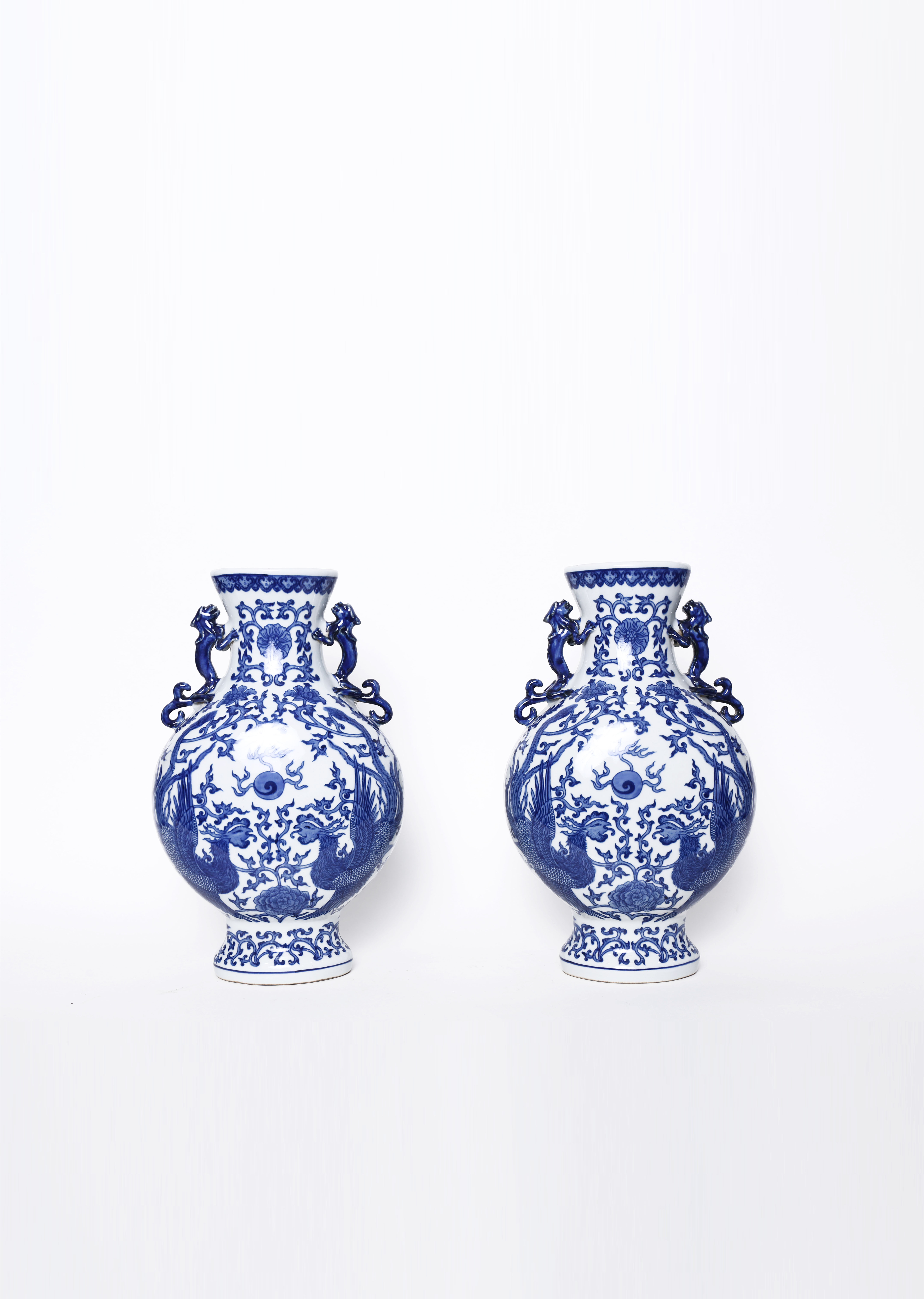 青花双凤纹缠枝花卉双耳扁瓶一对