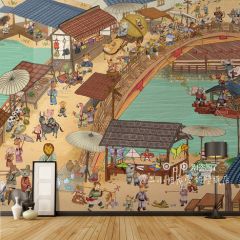 清明上河图儿童房壁纸卡通墙纸墙布卧室背景墙主题包间定制壁画